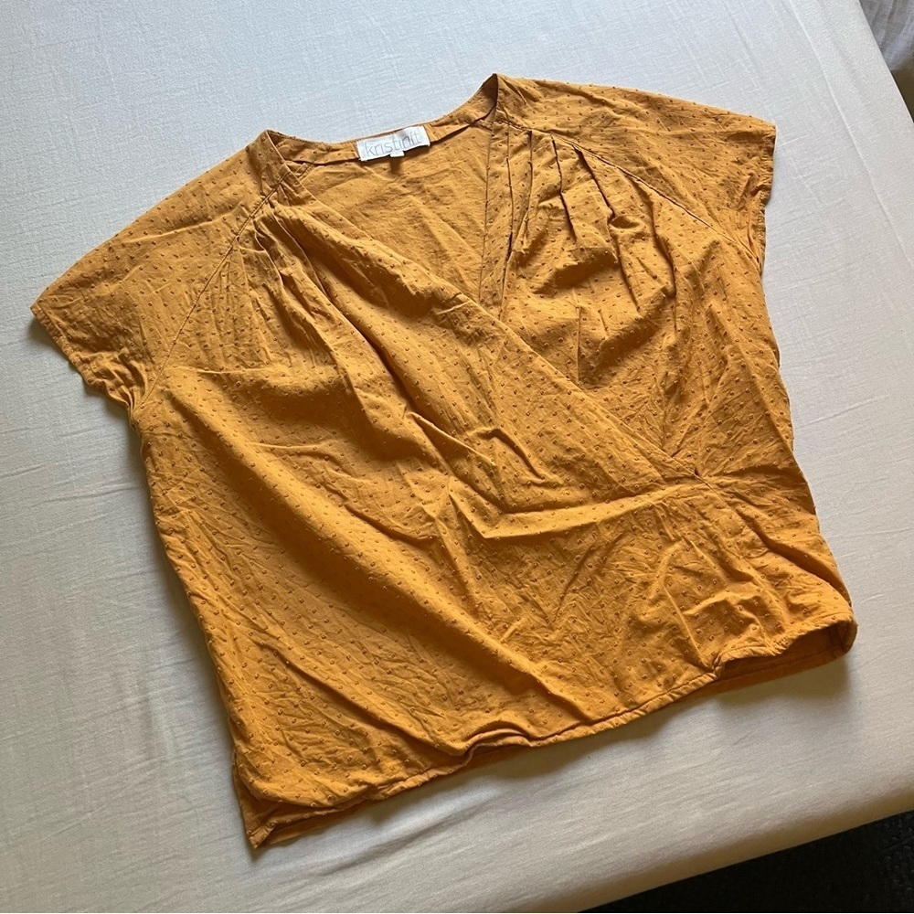 KRISTINIT mustard‎ yellow Swiss Dot short sleeve boxy surplice front blouse top